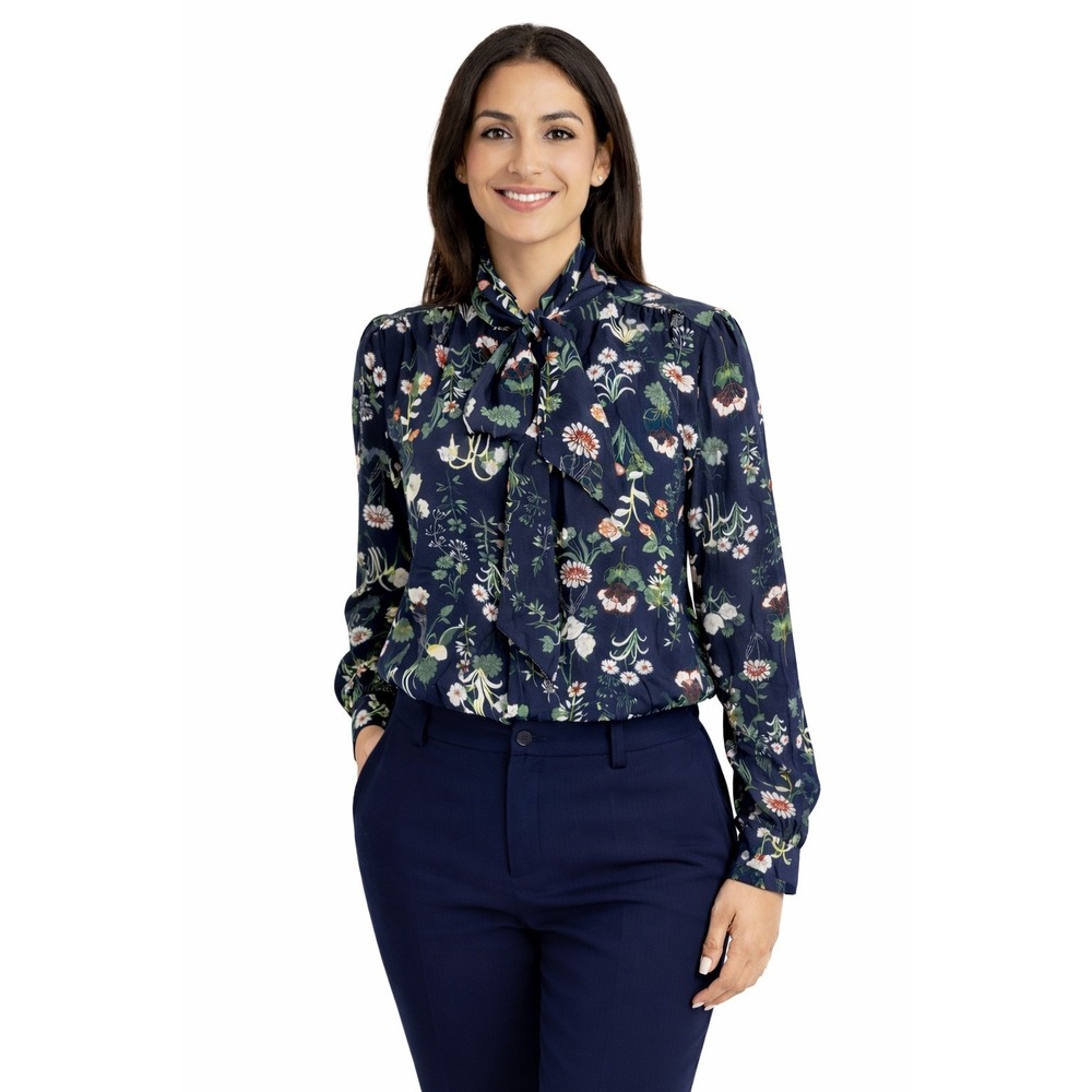 Ann Taylor Loft Navy Floral Bow Tie Neck Blouse Long Sleeve S Fairycore 79-61